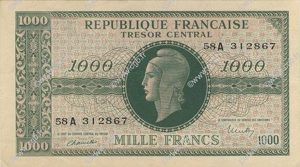 1000 Francs MARIANNE BANQUE D ANGLETERRE FRANCE  1945 VF.12.01 AU
