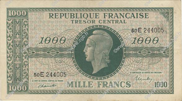 1000 Francs MARIANNE THOMAS DE LA RUE FRANCIA  1945 VF.13.02 BB