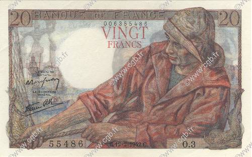 20 Francs PÊCHEUR FRANCE  1942 F.13.01 AU