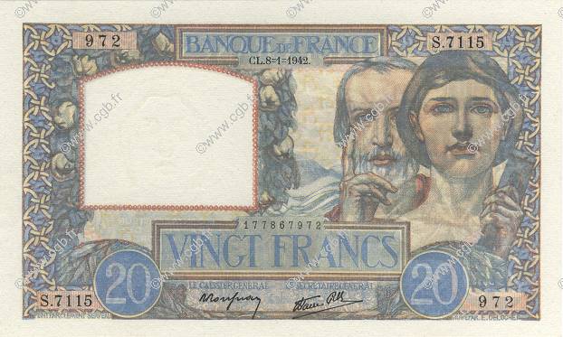 20 Francs TRAVAIL ET SCIENCE FRANCIA  1942 F.12.21 SC+