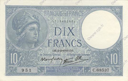 10 Francs MINERVE modifié FRANCIA  1939 F.07.01 SC