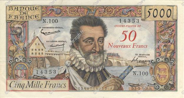 50 NF sur 5000 Francs HENRI IV FRANCIA  1959 F.54.02 SPL a AU