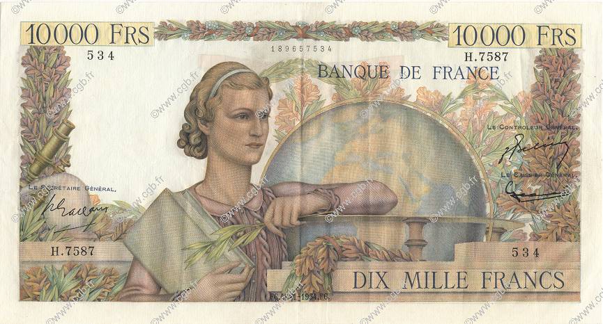 10000 Francs GÉNIE FRANÇAIS FRANCIA  1954 F.50.72 EBC+