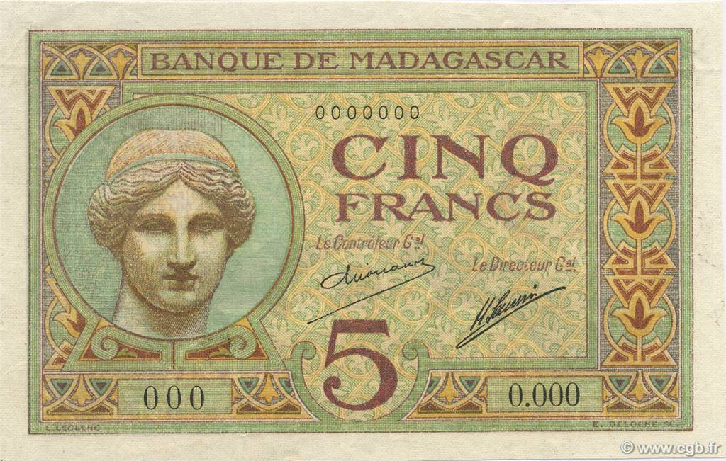 5 Francs Épreuve MADAGASCAR  1926 P.035s AU