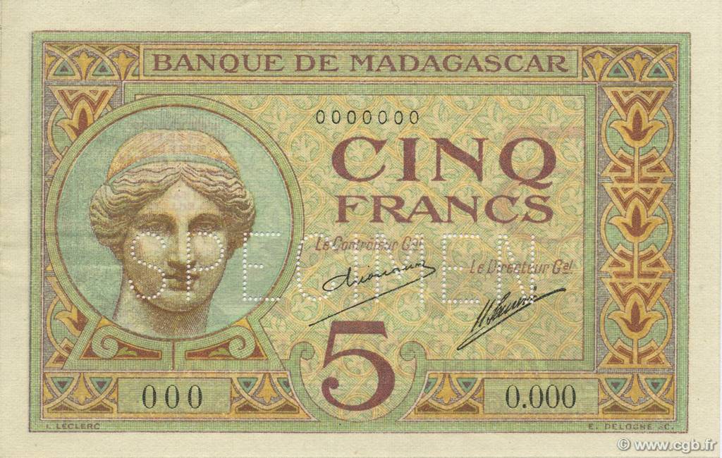 5 Francs Spécimen MADAGASKAR  1926 P.035s fST+