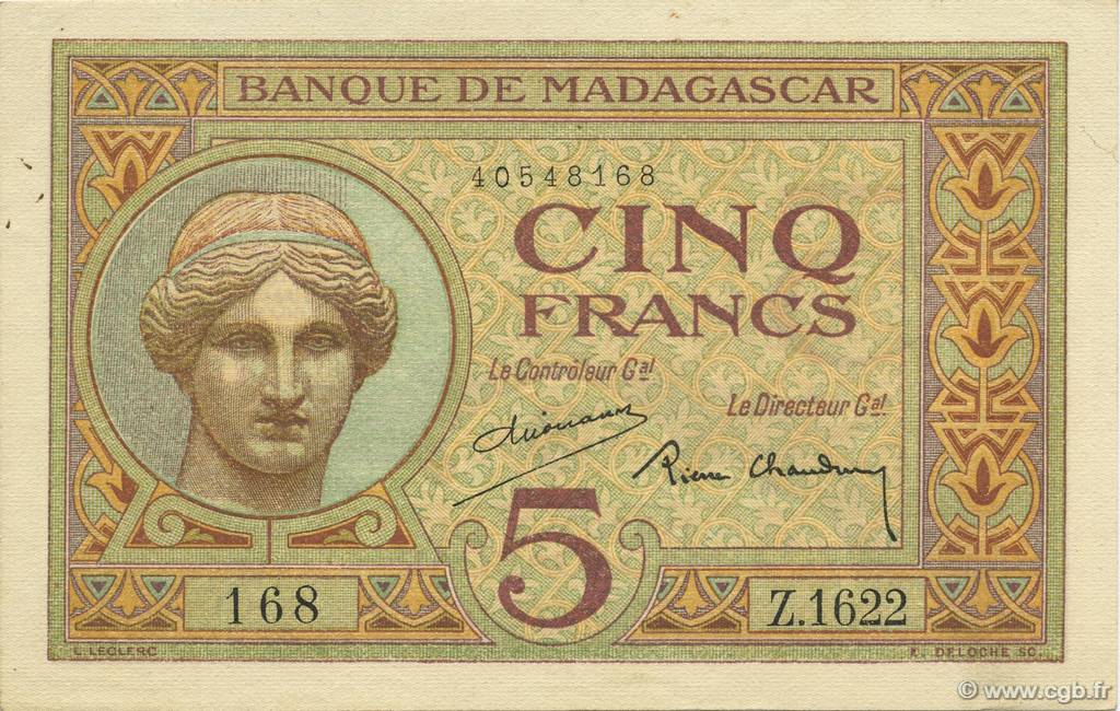 5 Francs MADAGASCAR  1937 P.035 XF-