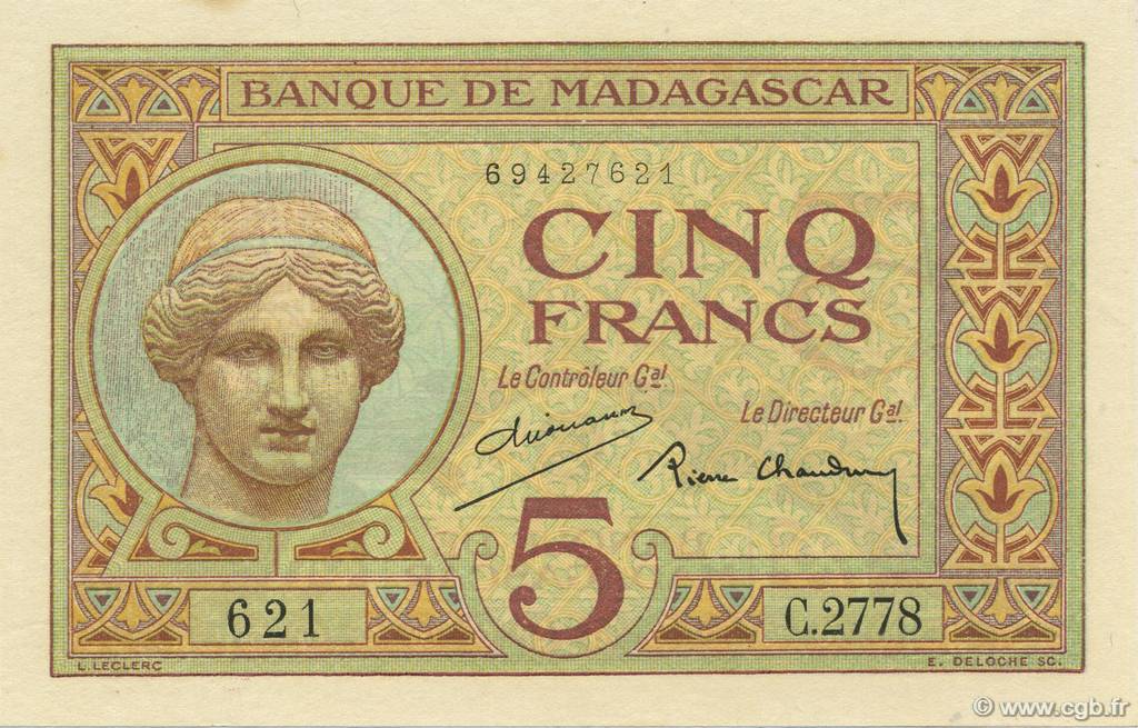 5 Francs MADAGASCAR  1937 P.035 q.FDC