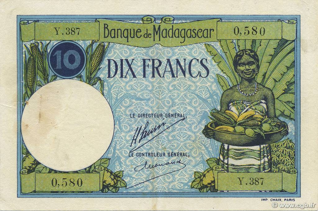 10 Francs MADAGASKAR  1926 P.036 fVZ