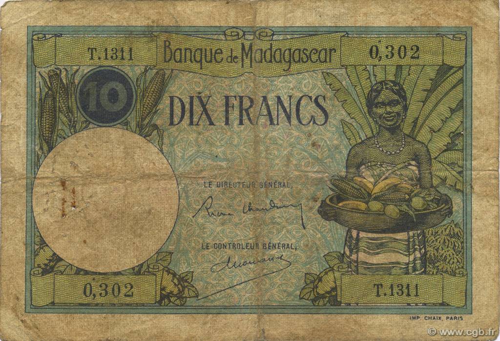 10 Francs MADAGASCAR  1937 P.036 G