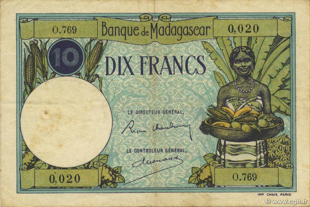 10 Francs MADAGASCAR  1937 P.036 VF+