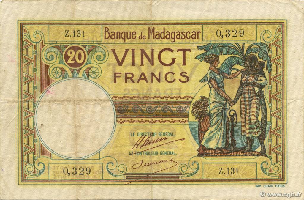 20 Francs MADAGASCAR  1926 P.037 VF