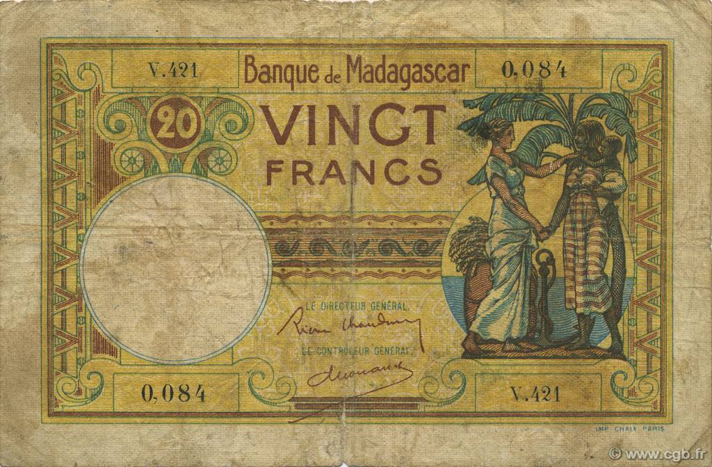 20 Francs MADAGASCAR  1937 P.037 q.MB
