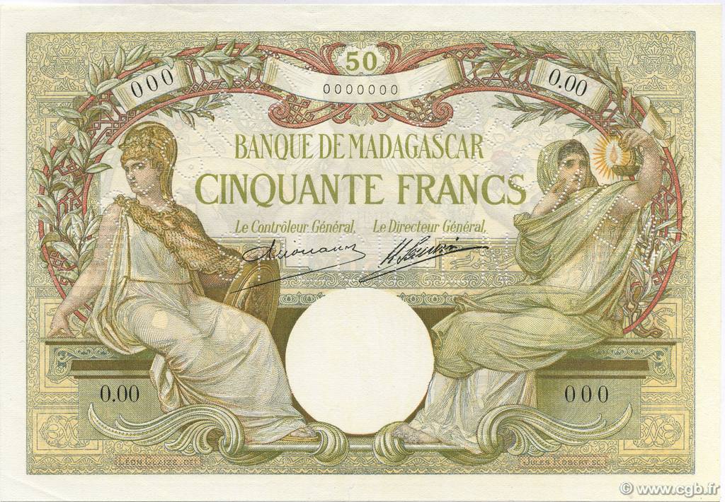 50 Francs Spécimen MADAGASCAR  1926 P.038s UNC-