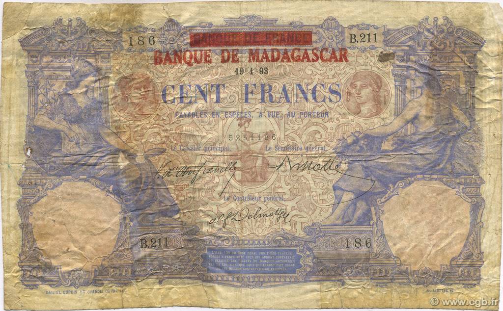 100 Francs Non émis MADAGASCAR  1893 P.034 q.B