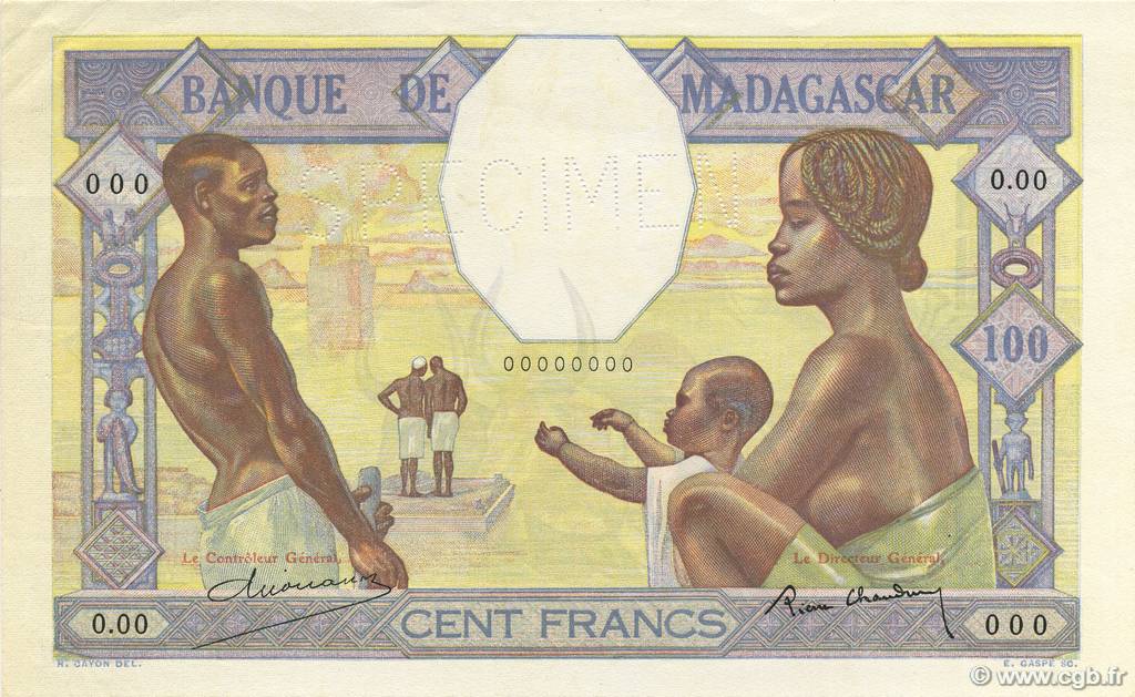 100 Francs Spécimen MADAGASCAR  1937 P.040s UNC-