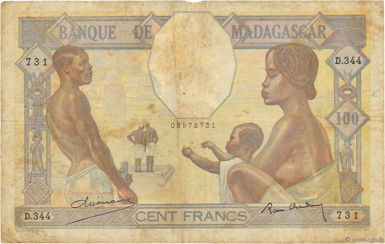 100 Francs MADAGASCAR  1937 P.040 VG