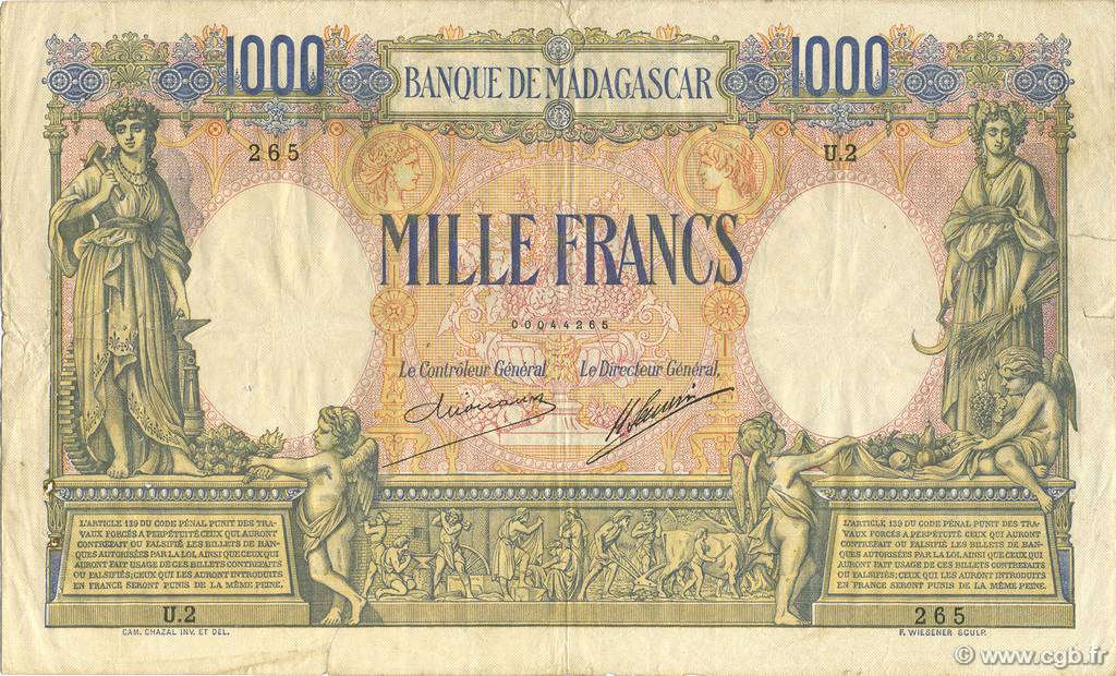 1000 Francs MADAGASCAR  1926 P.042 VF