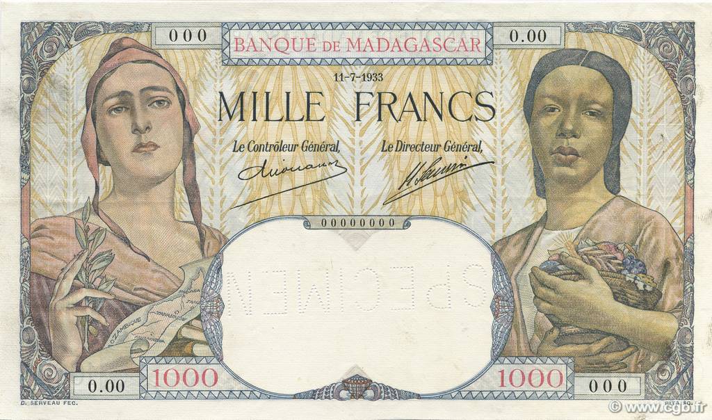 1000 Francs Épreuve MADAGASCAR  1933 P.041s q.AU