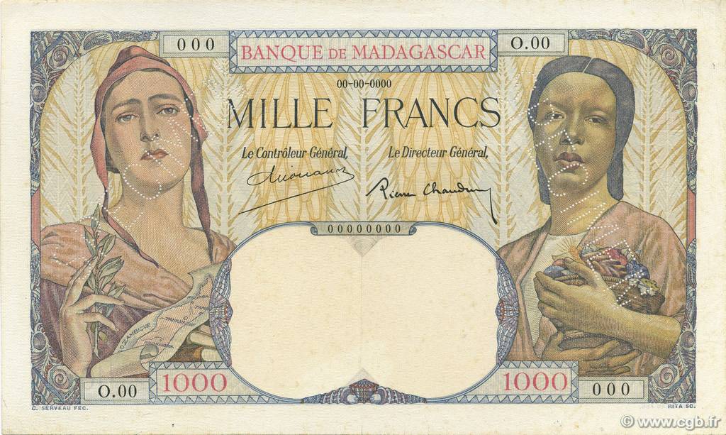 1000 Francs Épreuve MADAGASCAR  1939 P.041s EBC