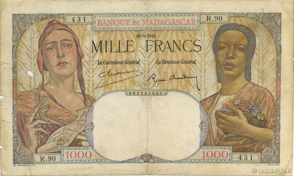 1000 Francs MADAGASCAR  1945 P.041 VG
