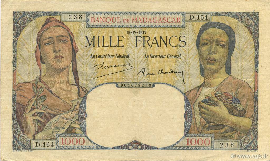 1000 Francs MADAGASCAR  1947 P.041 MBC