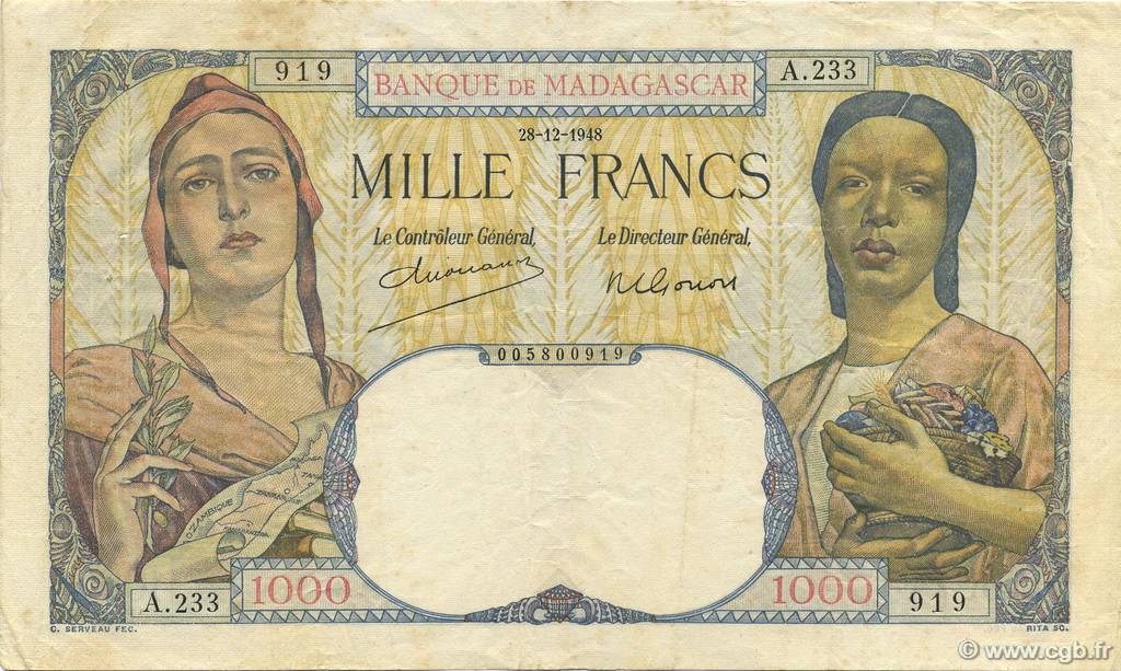 1000 Francs MADAGASCAR  1948 P.041 BB