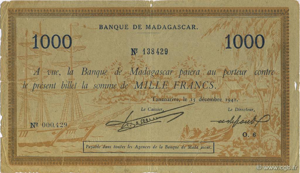 1000 Francs MADAGASCAR  1941 P.043 RC+
