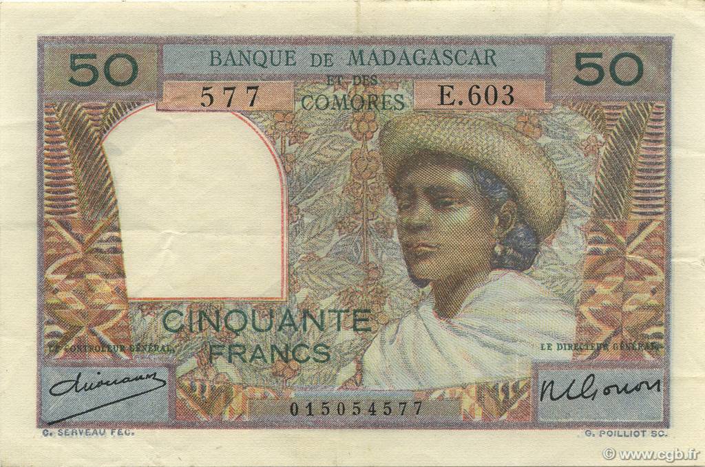 50 Francs MADAGASKAR  1950 P.045a fVZ to VZ