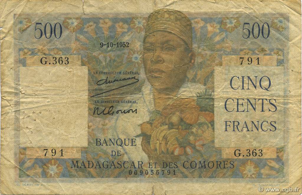 500 Francs MADAGASCAR  1952 P.047a VG