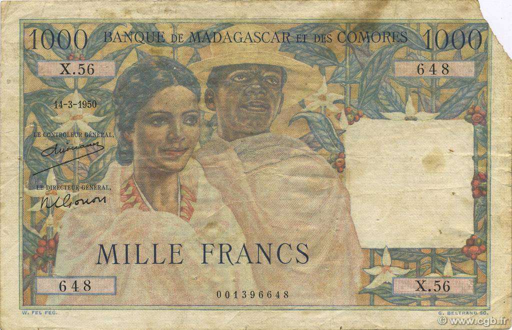 1000 Francs MADAGASCAR  1950 P.048a F