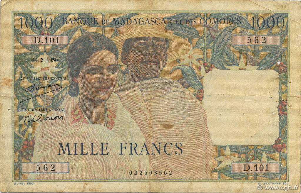 1000 Francs MADAGASCAR  1950 P.048a q.BB