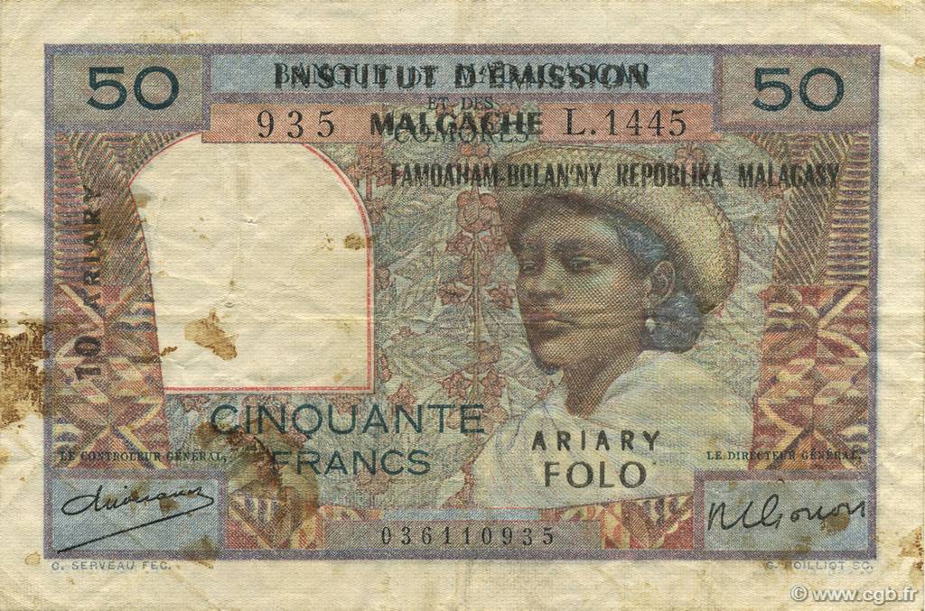 50 Francs - 10 Ariary MADAGASCAR  1961 P.051a BC+