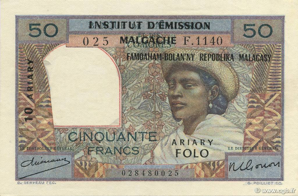 50 Francs - 10 Ariary MADAGASCAR  1961 P.051a XF-