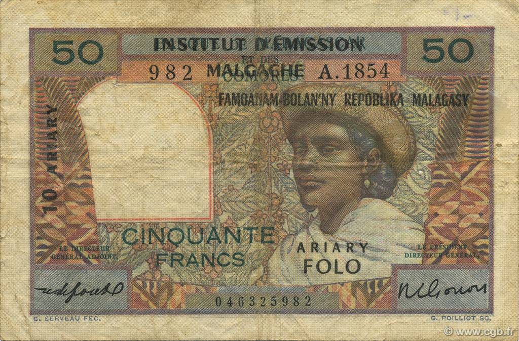 50 Francs - 10 Ariary MADAGASCAR  1961 P.051b RC+