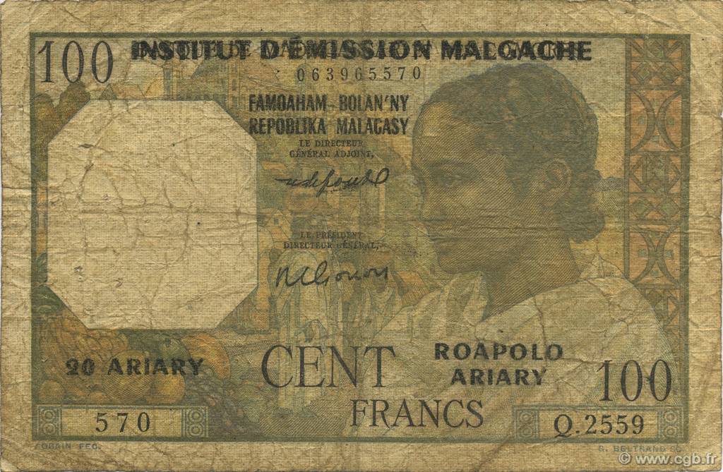 100 Francs - 20 Ariary MADAGASCAR  1961 P.052 q.B