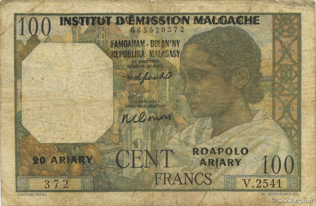 100 Francs - 20 Ariary MADAGASCAR  1961 P.052 MB