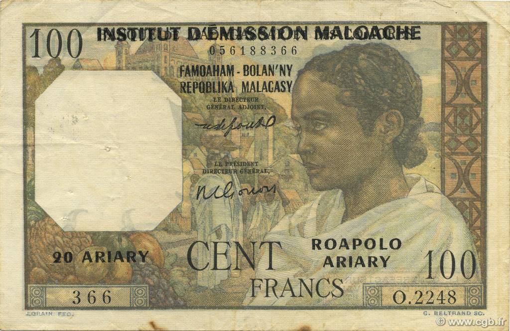 100 Francs - 20 Ariary MADAGASCAR  1961 P.052 VF