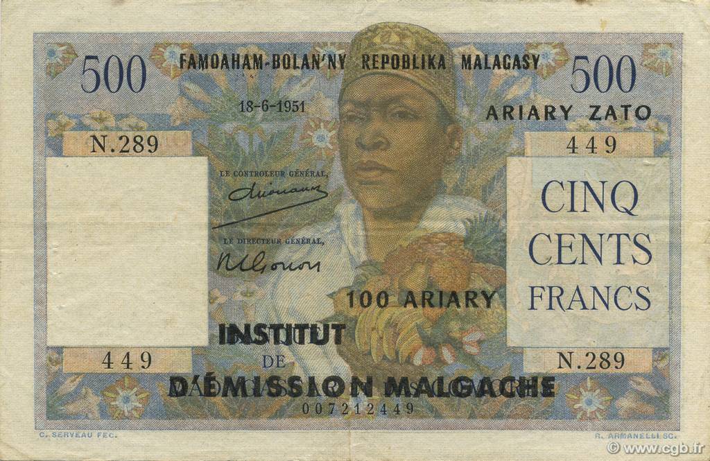 500 Francs - 100 Ariary MADAGASCAR  1961 P.053 MBC