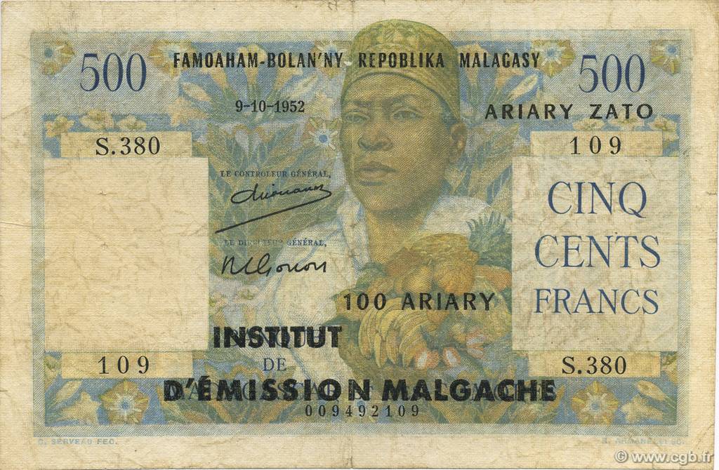 500 Francs - 100 Ariary MADAGASKAR  1961 P.053 fS