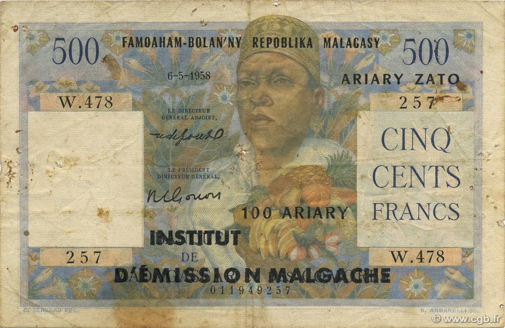 500 Francs - 100 Ariary MADAGASCAR  1961 P.053 RC+