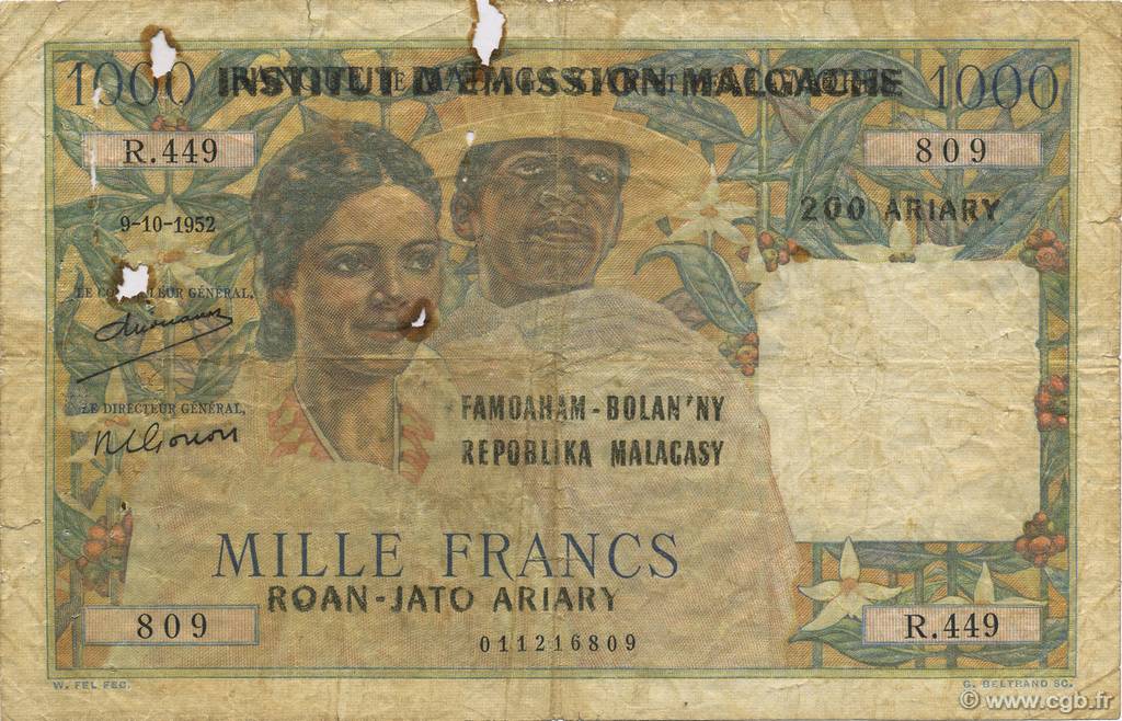 1000 Francs - 500 Ariary MADAGASCAR  1961 P.054 G