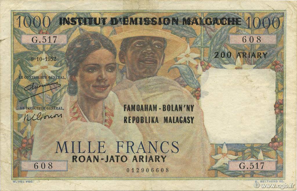 1000 Francs - 500 Ariary MADAGASCAR  1961 P.054 MBC