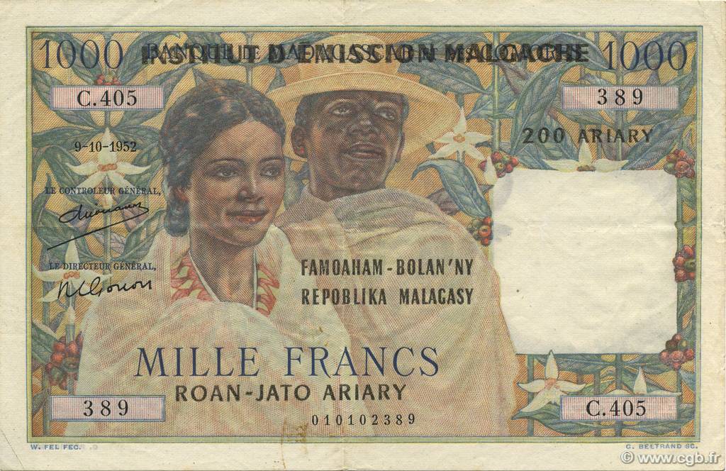 1000 Francs - 500 Ariary MADAGASCAR  1961 P.054 q.SPL