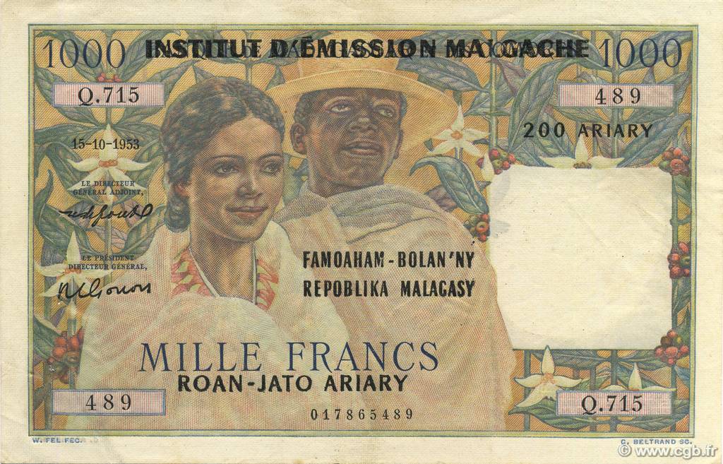 1000 Francs - 500 Ariary MADAGASCAR  1961 P.054 EBC a SC