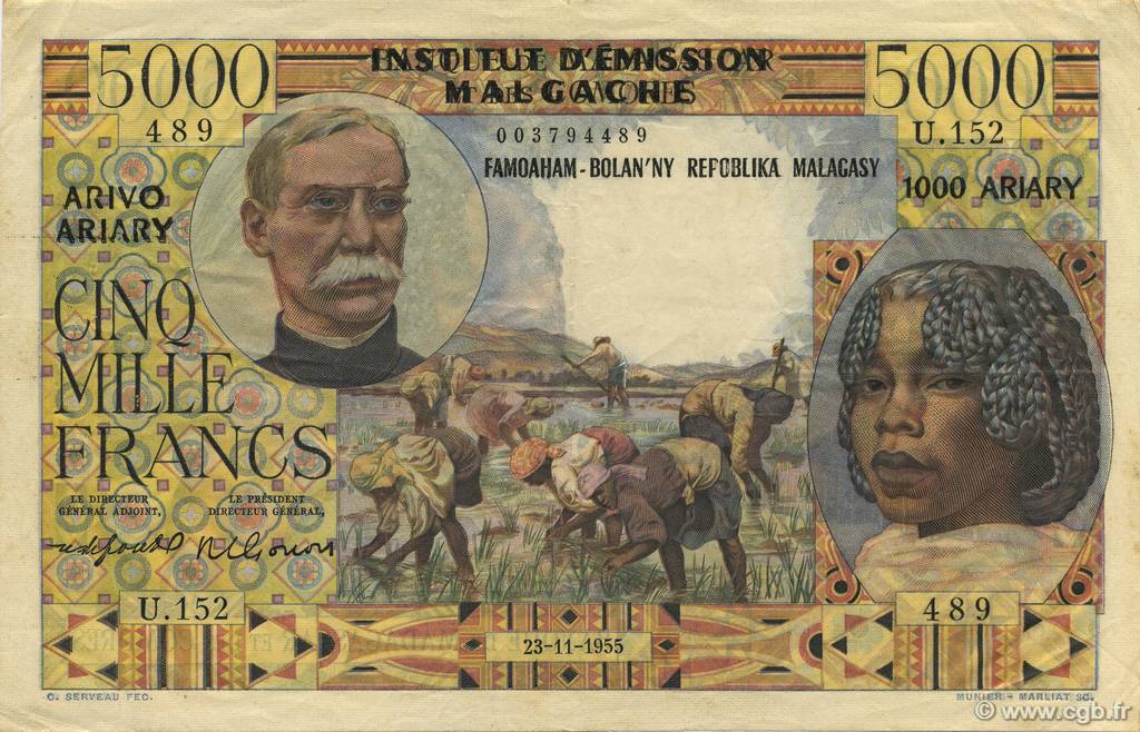 5000 Francs - 1000 Ariary MADAGASCAR  1961 P.055 MBC a EBC