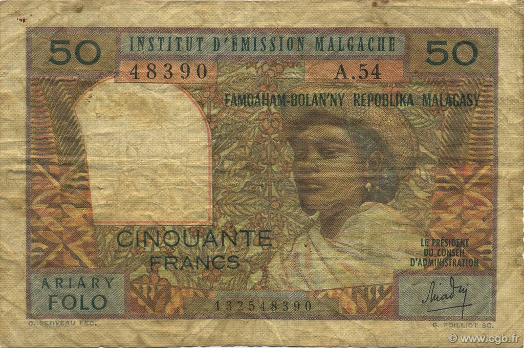 50 Francs - 10 Ariary MADAGASCAR  1962 P.061 VG