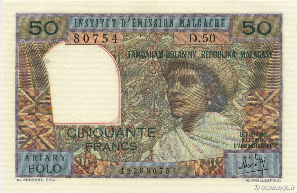 50 Francs - 10 Ariary MADAGASCAR  1962 P.061 SC+