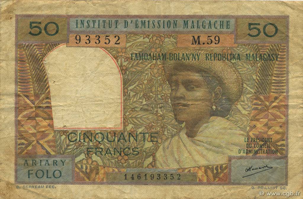 50 Francs - 10 Ariary MADAGASCAR  1962 P.061 F
