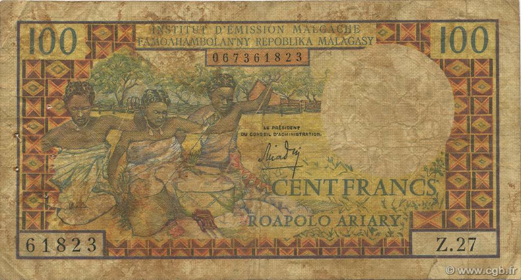 100 Francs - 20 Ariary MADAGASCAR  1964 P.057a RC
