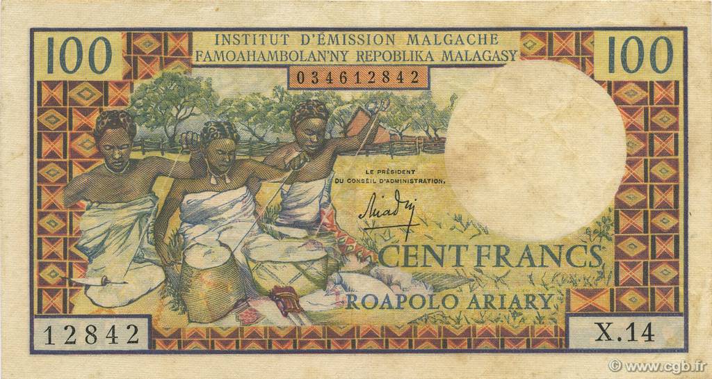 100 Francs - 20 Ariary MADAGASCAR  1964 P.057a VF